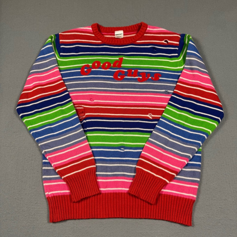 Chucky Childs Play Good Guys Striped Distressed Sweater Mens Large Horror Movie